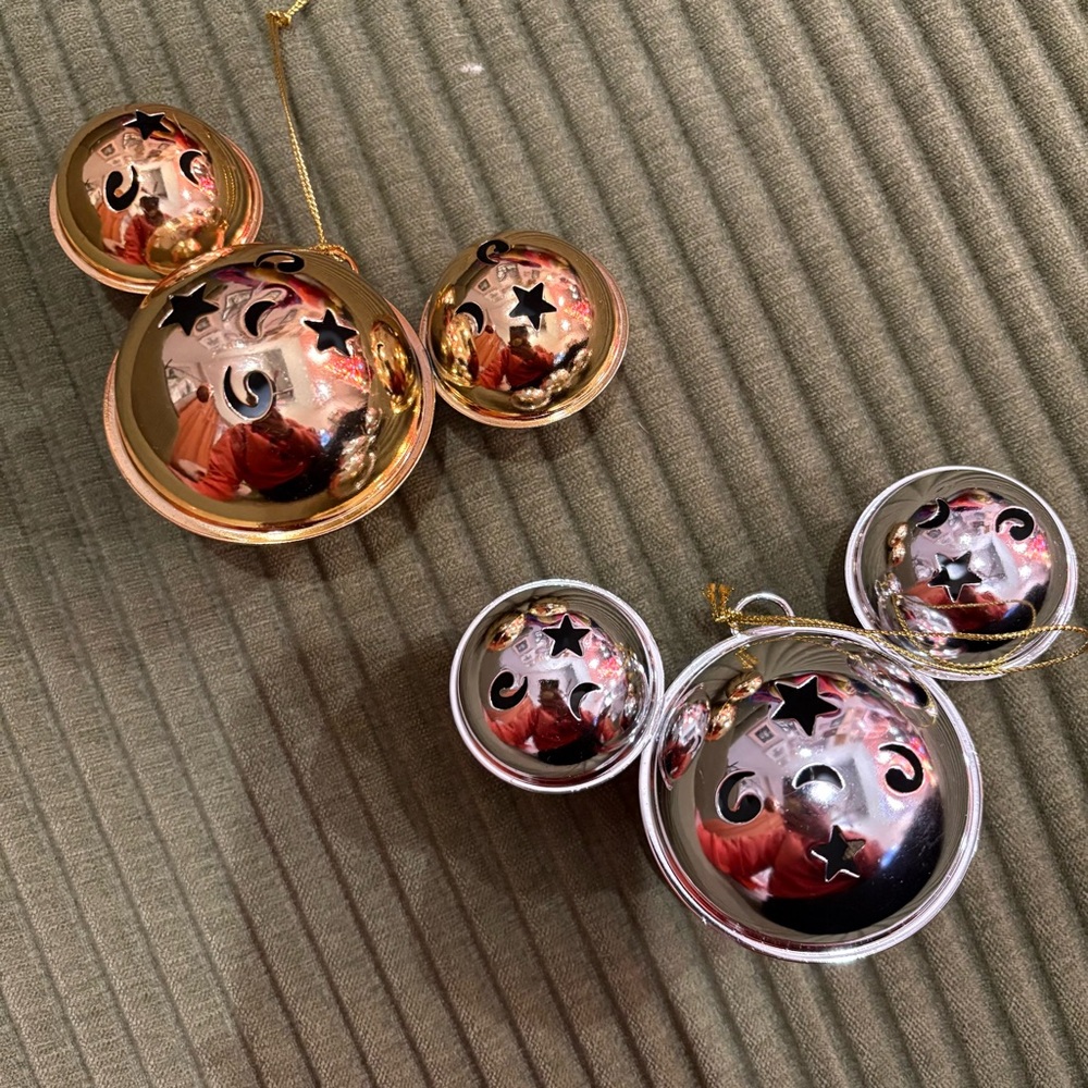Lot of 2 Disney Mickey Mouse Ears Metal Jingle Bell Christmas Tree Ornaments